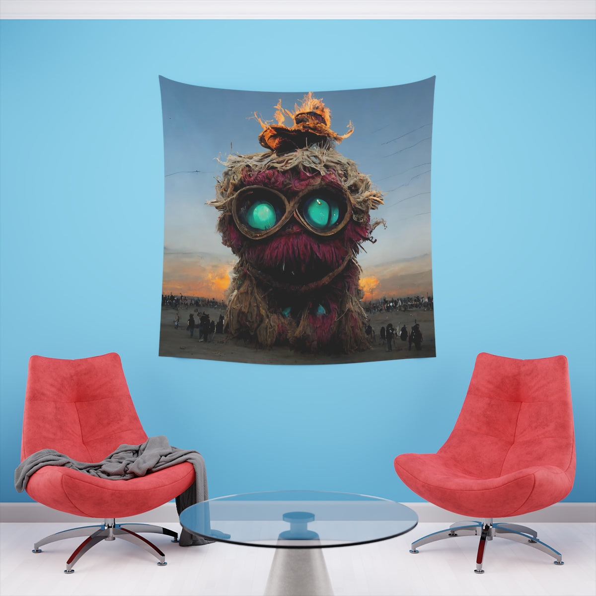 giant muppet monster rampaging at burning man - Indoor Wall Tapestries