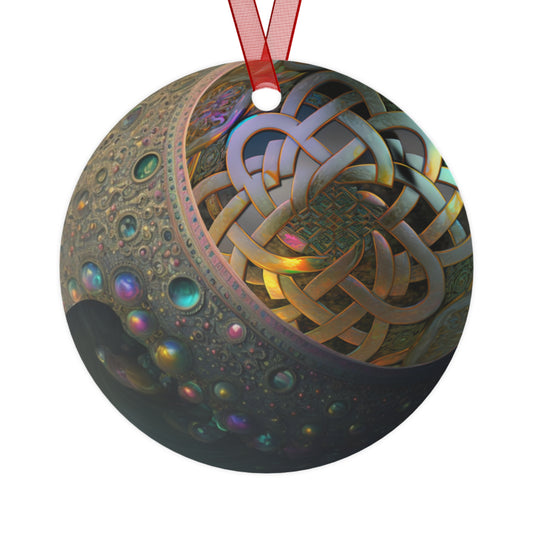 The Teafaerie: An jeweled Celtic knot sphere inside of a spherical slightly prismatic bubble.  Metal Ornament