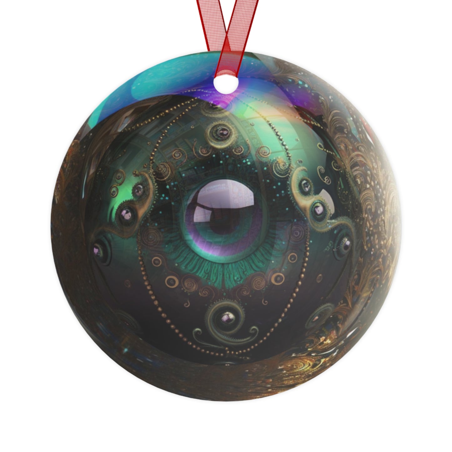 The Teafaerie: A spherical glass Christmas bauble with. The glass is translucent and iridescent. There is a large eyeball inside of it and there are elaborately ornate tentacle shapes embellishments decorating the outside. Metal Ornament