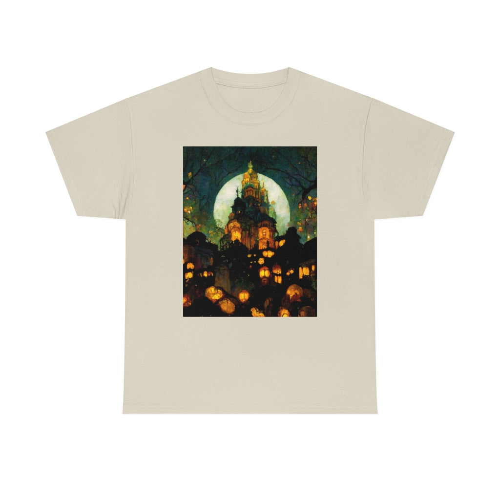 street-level_view_of_halloween_town_at_night_by_alphonse_mucha - Unisex Heavy Cotton Tee