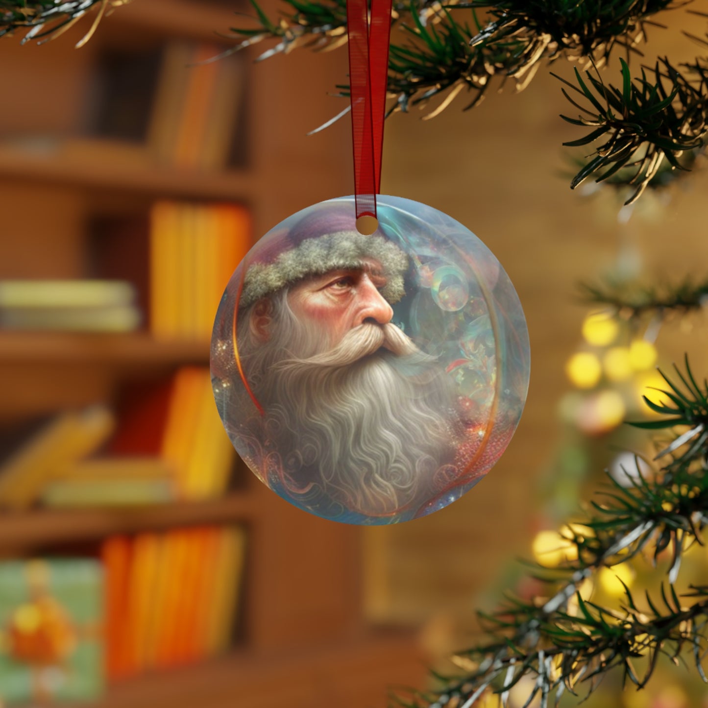 The Teafaerie: a transparent spherical glass Christmas ornament. more smoke An intricately detailed happy Santa Claus is inside of it, smoking a pipe. Metal Ornament