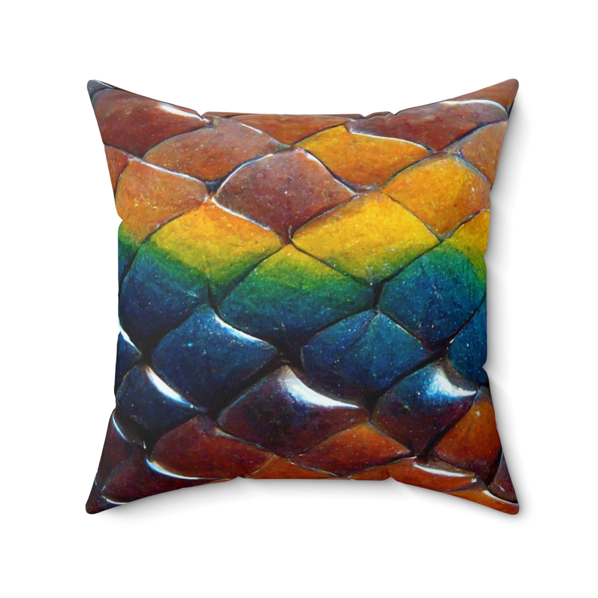 Spun Polyester Square Pillow - a tiling pattern of rainbow snake scales diamond shape