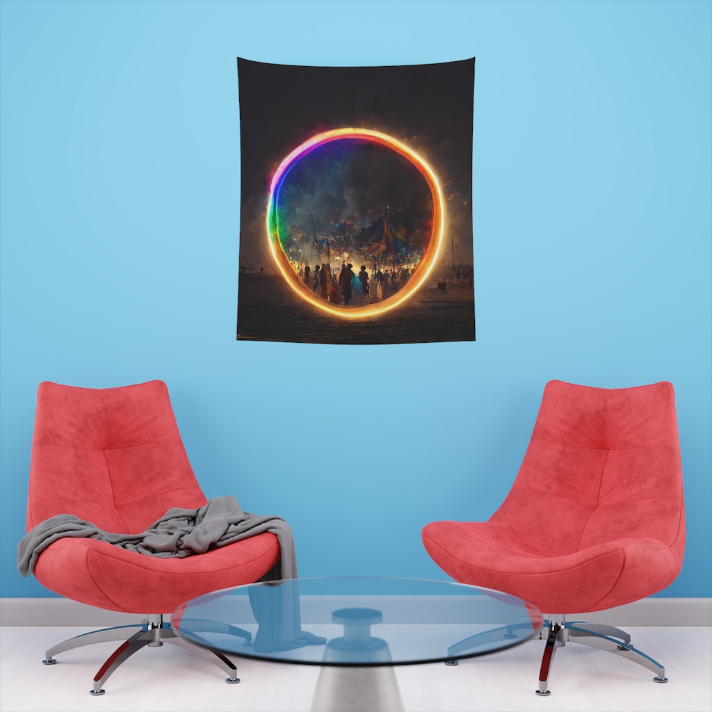 a bright rainbow circle of magic at burning man, cinematic - Printed Wall Tapestry