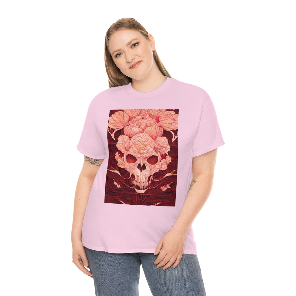 tiling pattern on wood panel of small skulls and vivid roses, gouache illustration - Unisex Heavy Cotton Tee