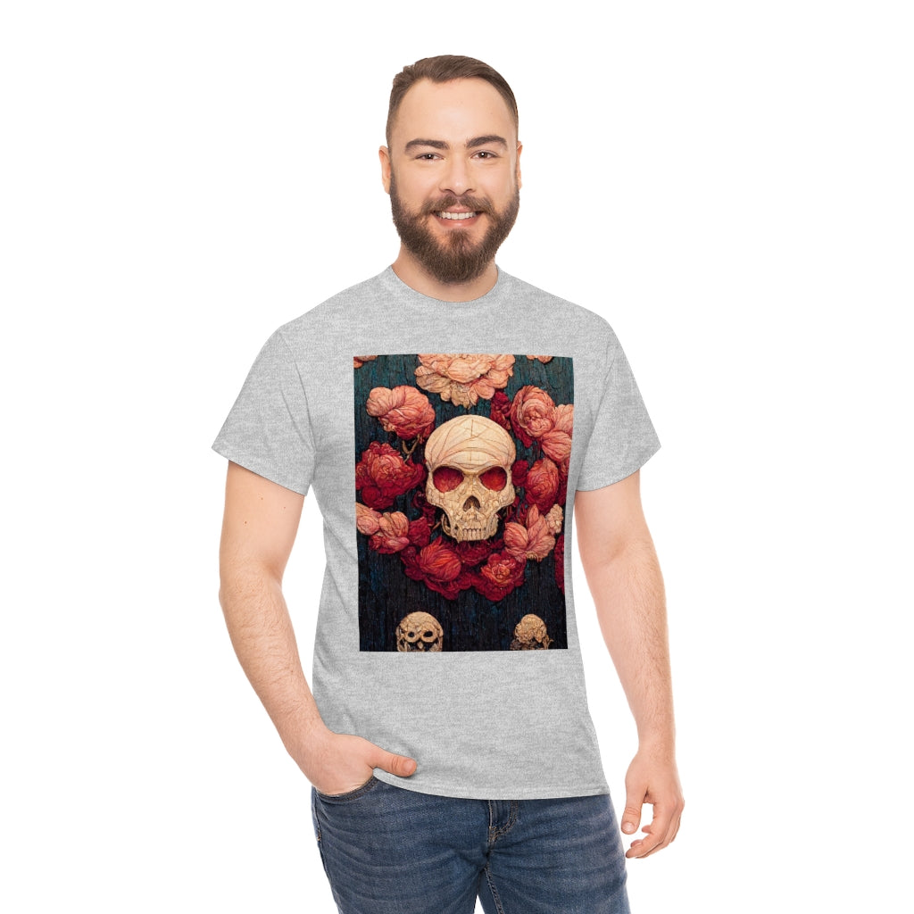 tiling pattern on wood panel of small skulls and vivid roses, gouache illustration - Unisex Heavy Cotton Tee