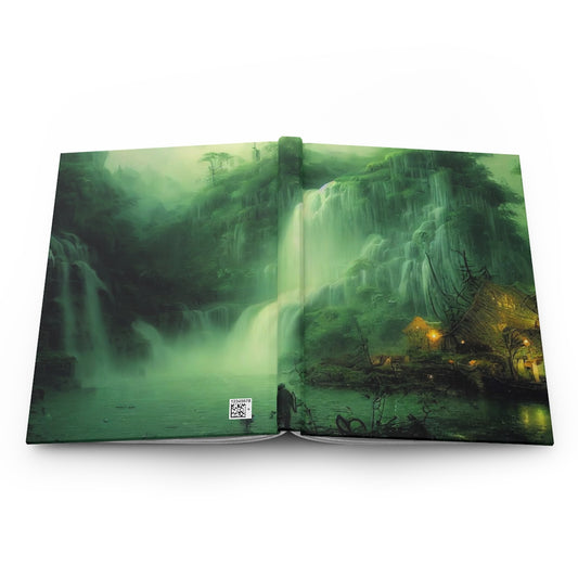 waterfall over a shipwreck, darkwood jungle tribal village, water reflections, wide angle, epic - Hardcover Journal Matte