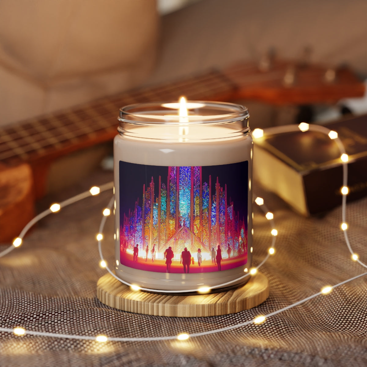 Scented Soy Candle, 9oz - stained glass cathedral at burning man at night