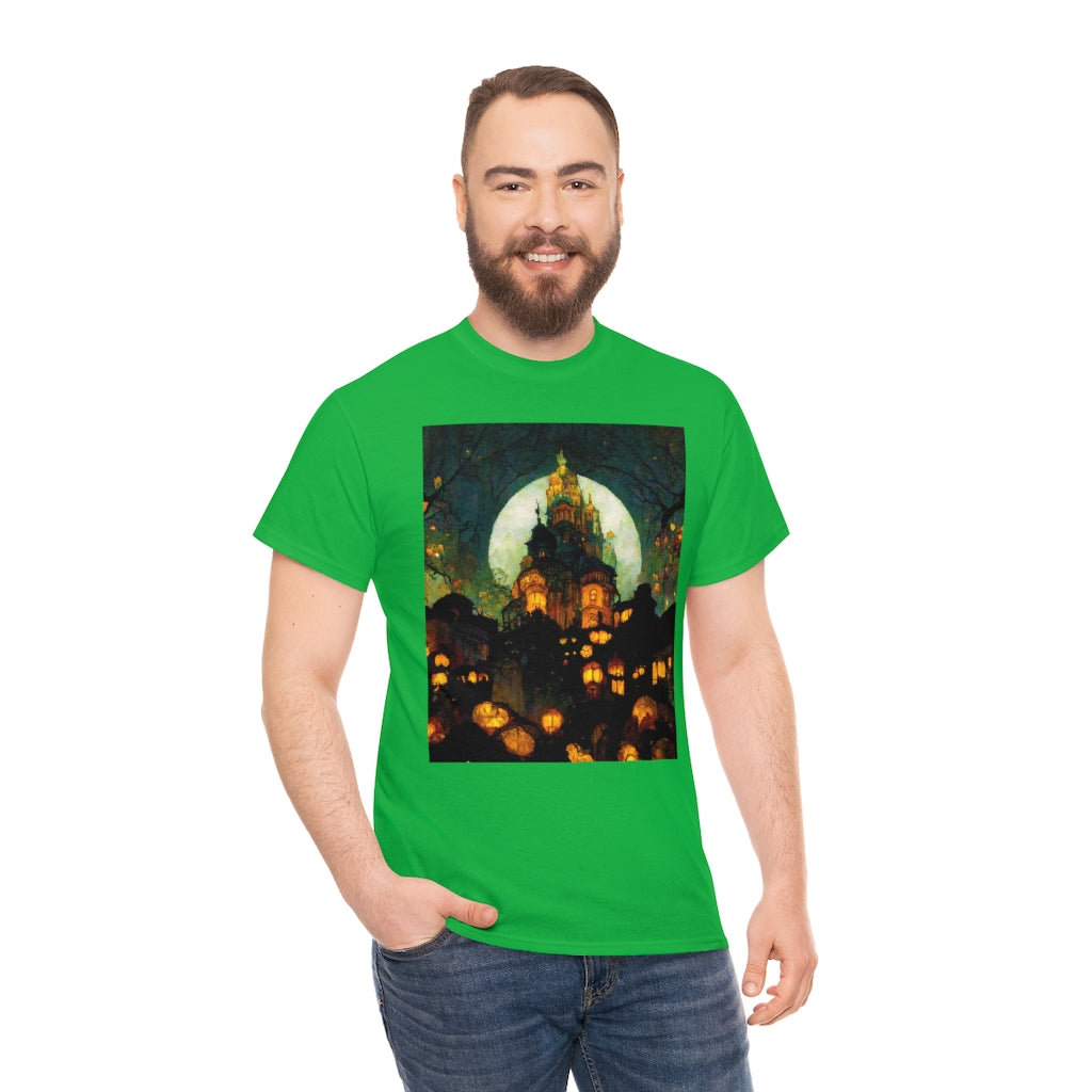 street-level_view_of_halloween_town_at_night_by_alphonse_mucha - Unisex Heavy Cotton Tee