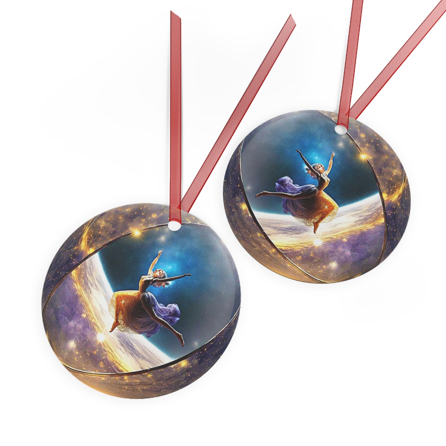 The Teafaerie: a very beautiful zero gravity dancer danced inside of a transparent crystal sphere in space. Metal Ornament