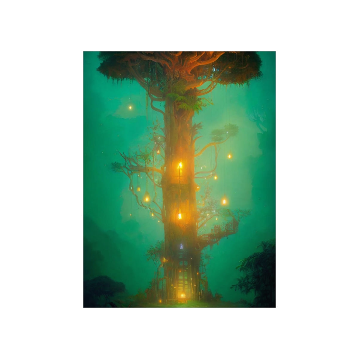 Premium Matte vertical posters - mystical treehouse surrounded by exotic plants and fireflies, jungle fog at sunset, cinematic lighting