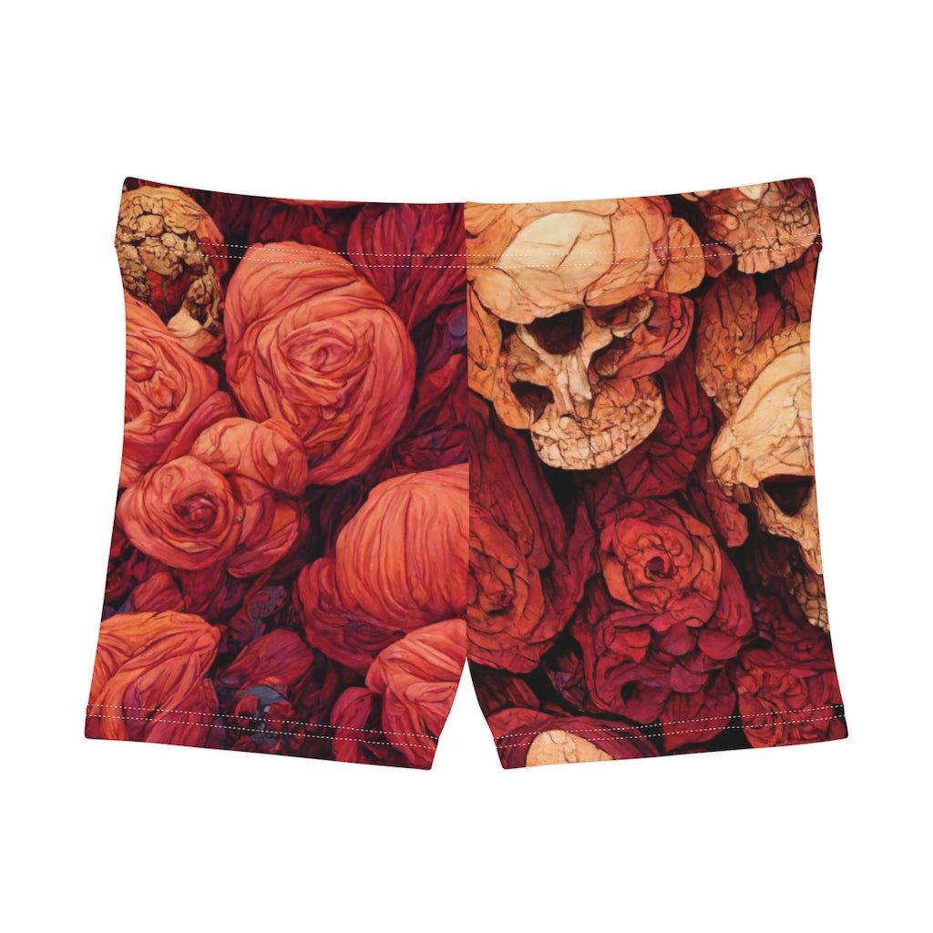 tiling pattern on wood panel of large skulls and vivid roses, gouache illustration - Women's Shorts (AOP)