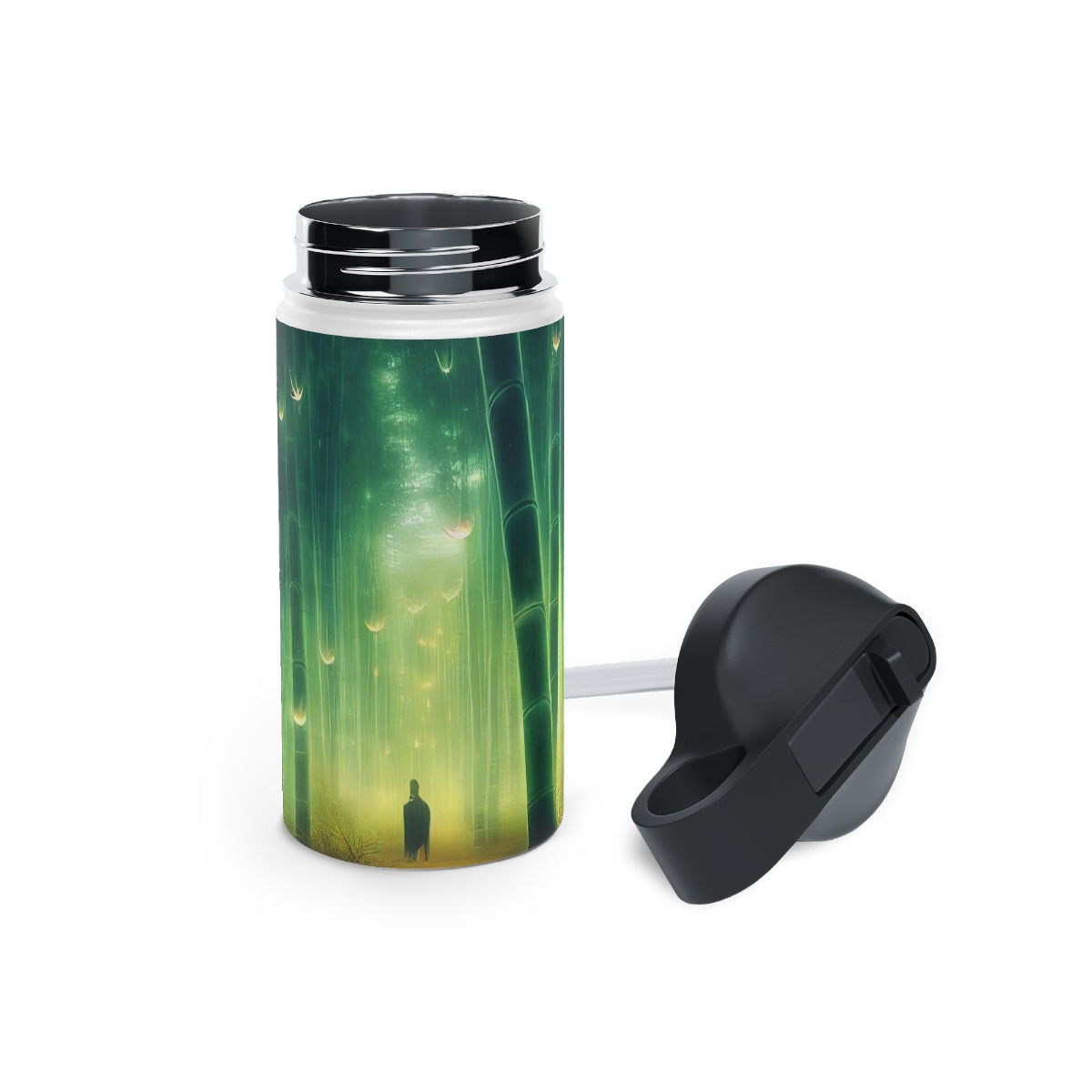 Stainless Steel Water Bottle, Standard Lid - psychedelic bamboo grove, causeway, fireflies, fantasy, intricate detail, illusion, mist, beautiful, hyper-realistic, breathtaking, ghostly figure, majestic, magic colour palette, low angle, unreal engine