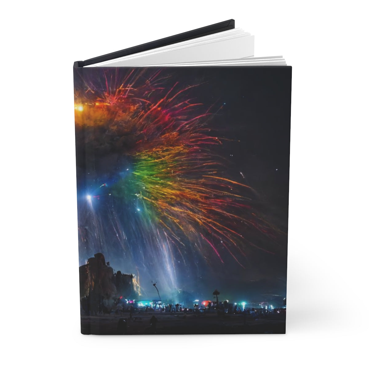 giant rainbow fireworks exploding in the sky, black rock city in the background, lasers and lights illuminating dust, last star in an early morning sky, crowds of people dancing below - Hardcover Journal Matte