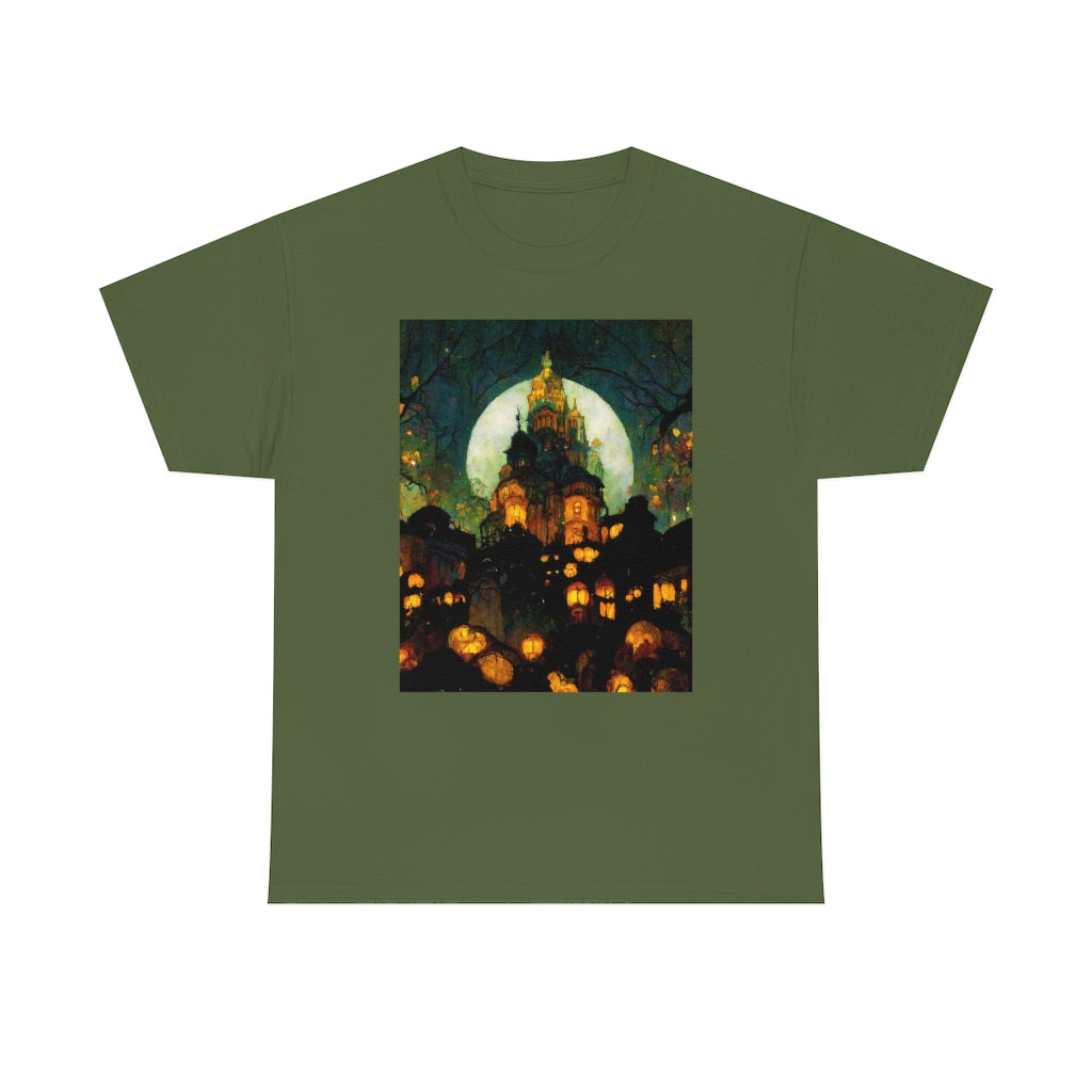 street-level_view_of_halloween_town_at_night_by_alphonse_mucha - Unisex Heavy Cotton Tee