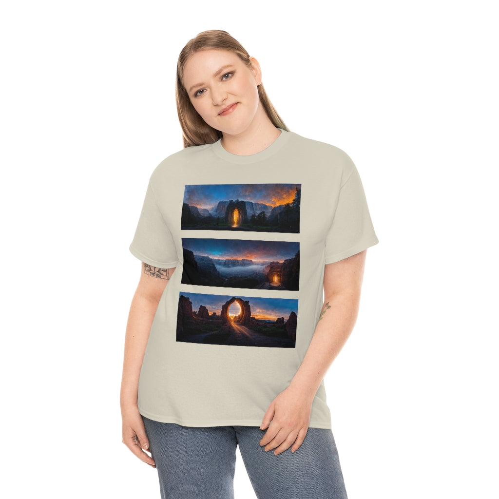 wide_angle_photo_of_a_magical_portal_in_(yosemite_valley, the_grand_canyon, arches_national_park) - Unisex Heavy Cotton Tee