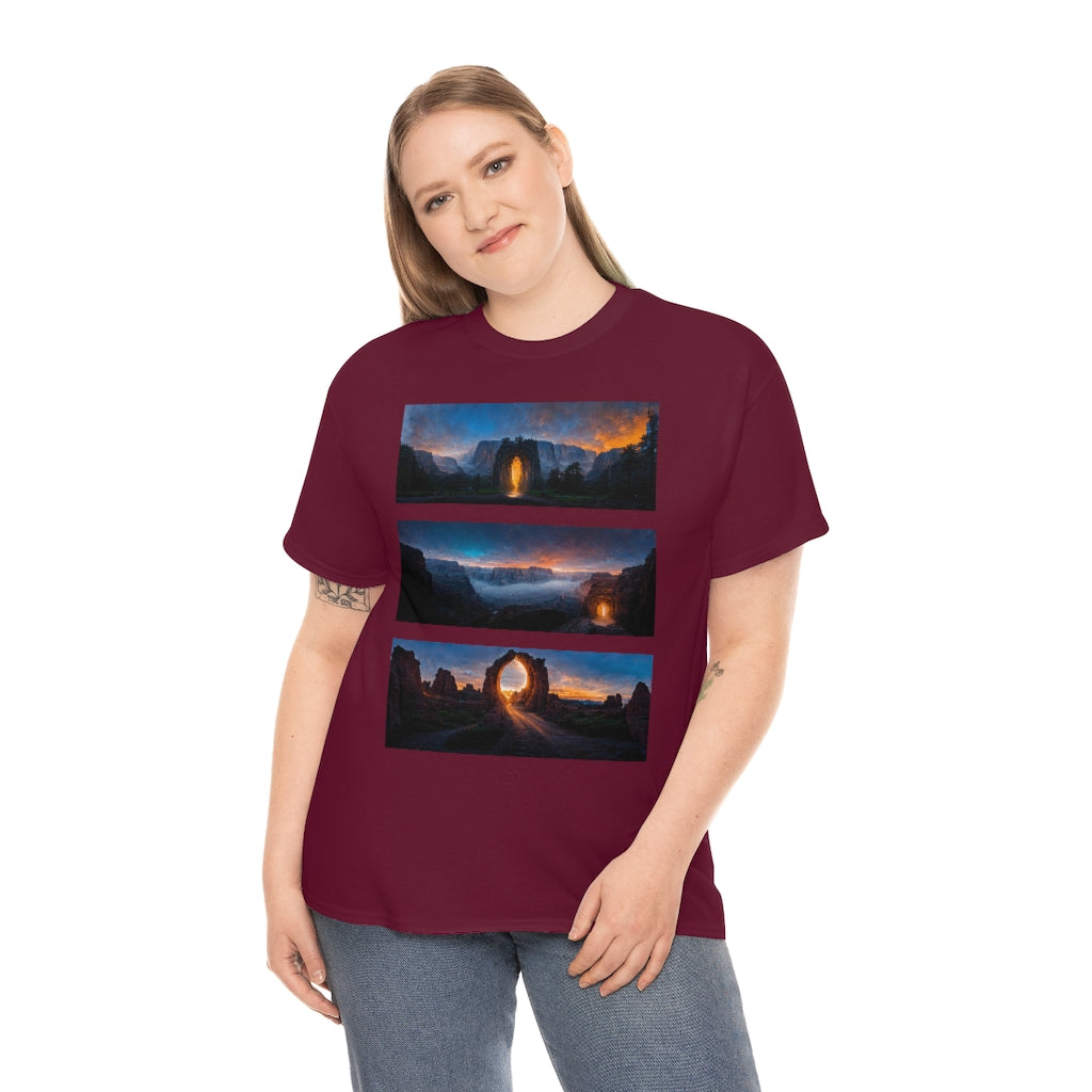 wide_angle_photo_of_a_magical_portal_in_(yosemite_valley, the_grand_canyon, arches_national_park) - Unisex Heavy Cotton Tee