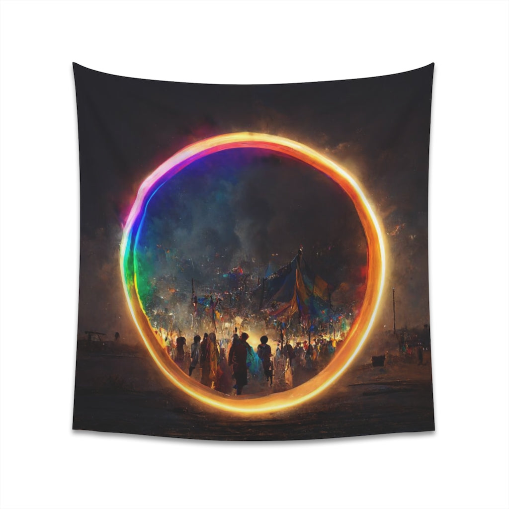 a bright rainbow circle of magic at burning man, cinematic - Printed Wall Tapestry