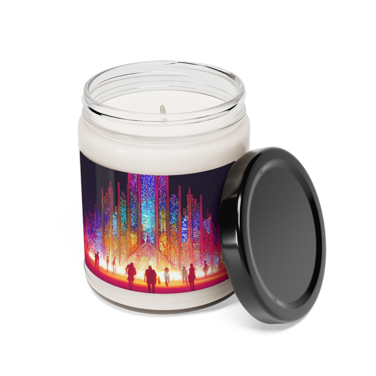 Scented Soy Candle, 9oz - stained glass cathedral at burning man at night