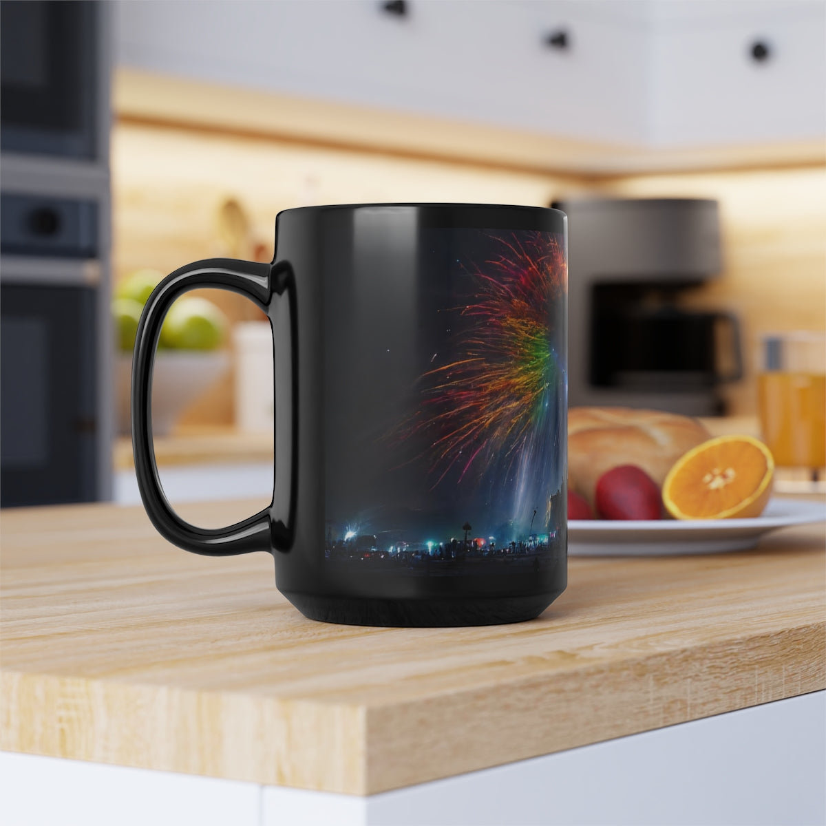 giant rainbow fireworks exploding in the sky, black rock city in the background, lasers and lights illuminating dust, last star in an early morning sky, crowds of people dancing below, Black Mug, 15oz