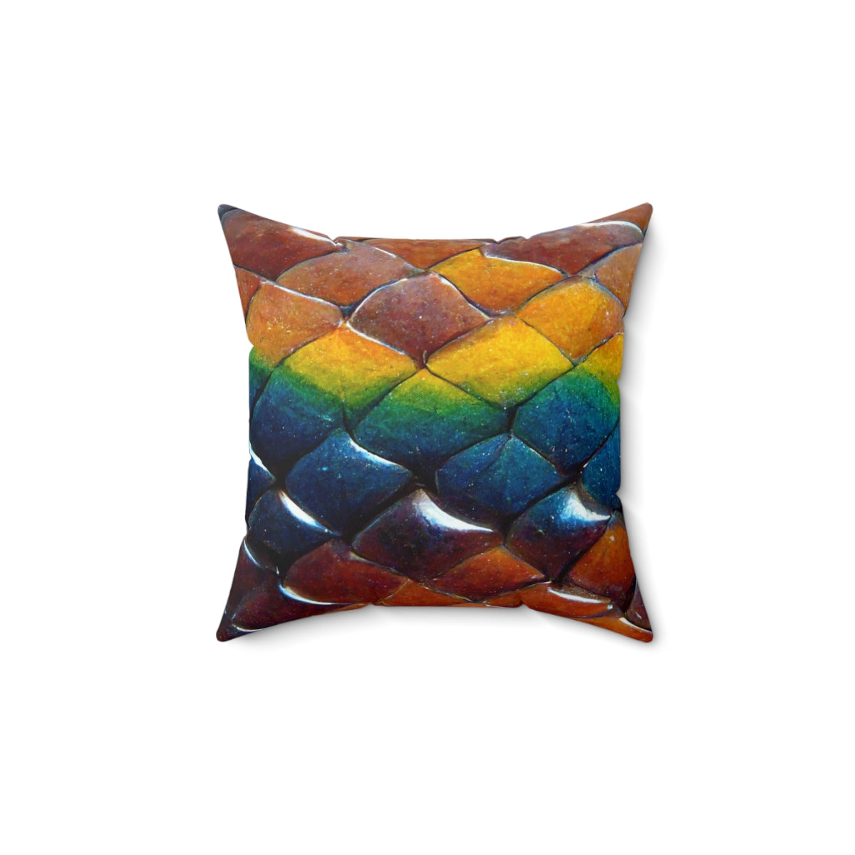 Spun Polyester Square Pillow - a tiling pattern of rainbow snake scales diamond shape