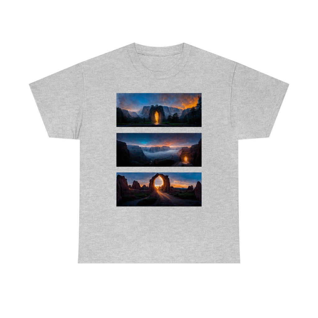 wide_angle_photo_of_a_magical_portal_in_(yosemite_valley, the_grand_canyon, arches_national_park) - Unisex Heavy Cotton Tee