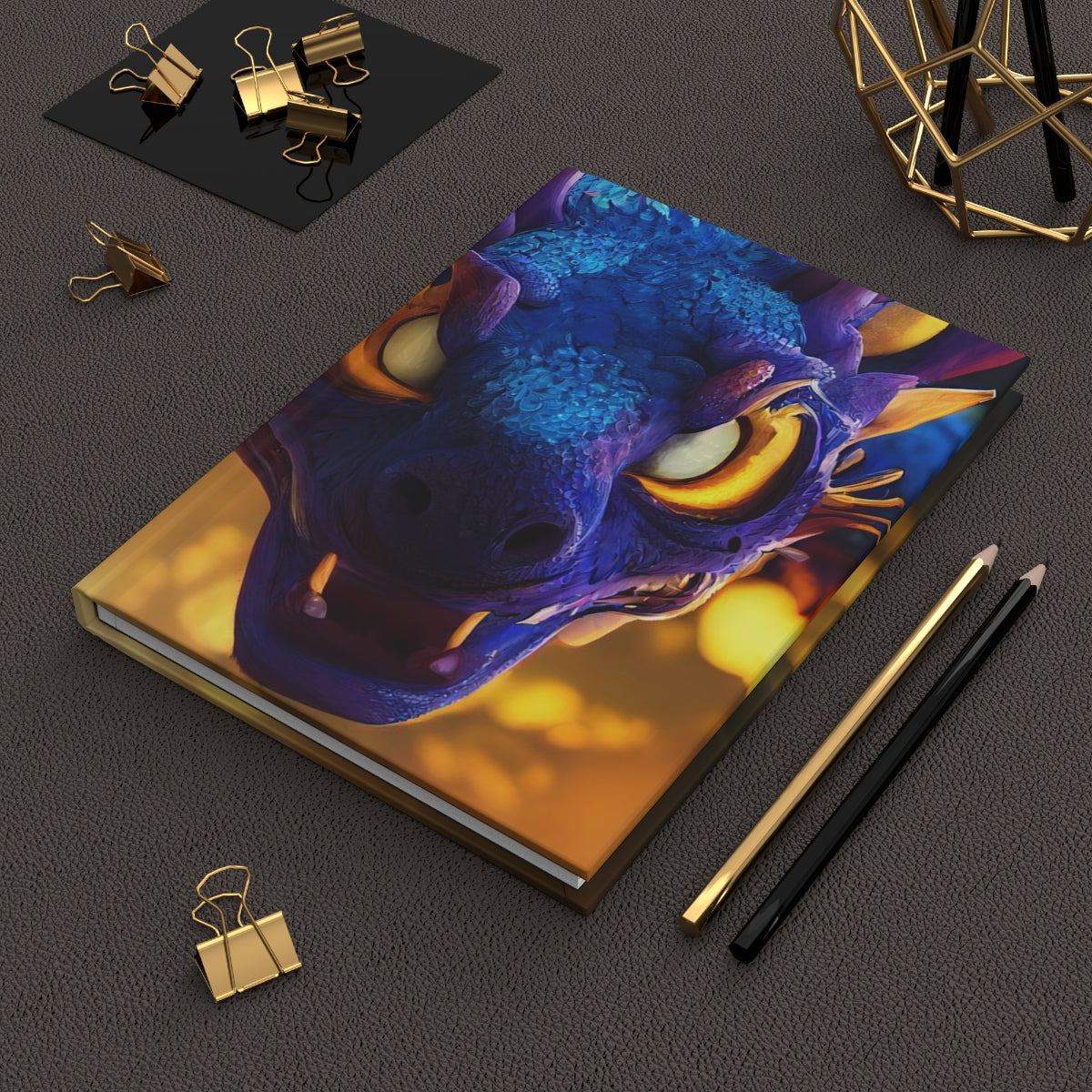 a beautiful portrait of a blue and golden dragon, 8k, fantasy - Hardcover Journal Matte