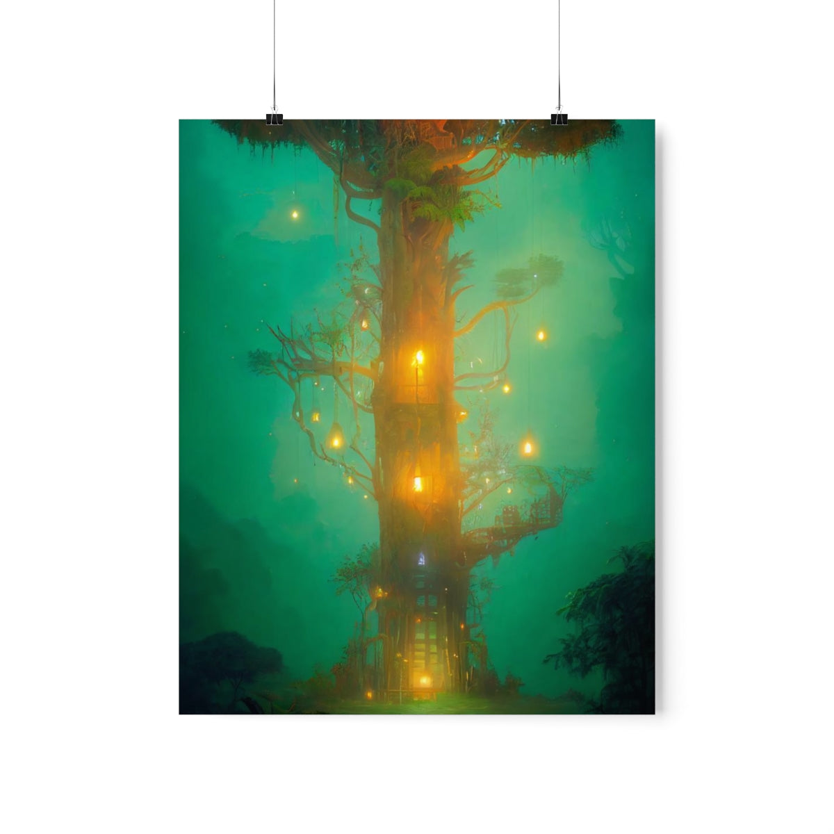 Premium Matte vertical posters - mystical treehouse surrounded by exotic plants and fireflies, jungle fog at sunset, cinematic lighting