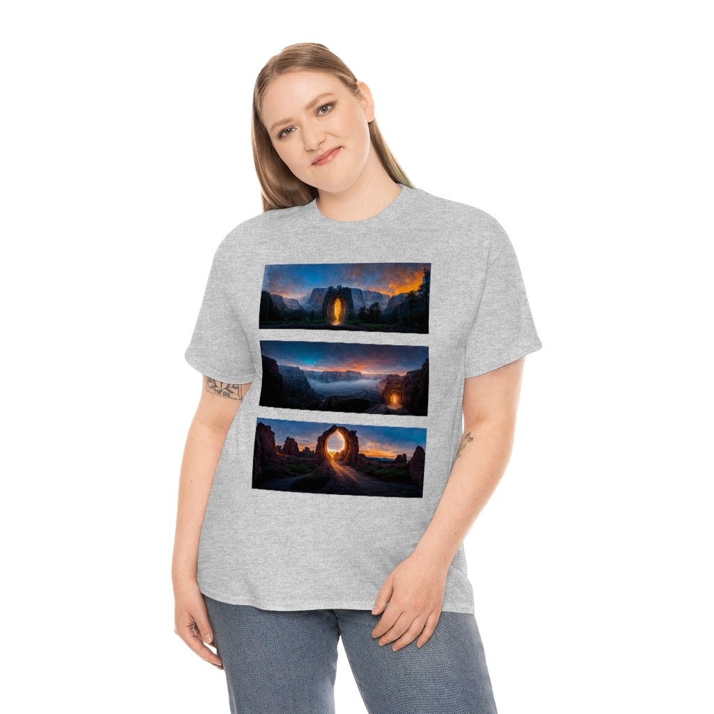 wide_angle_photo_of_a_magical_portal_in_(yosemite_valley, the_grand_canyon, arches_national_park) - Unisex Heavy Cotton Tee