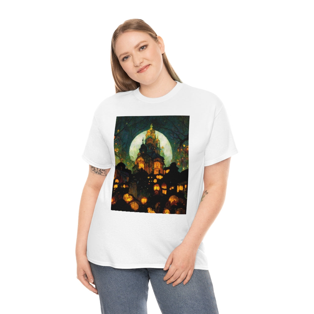 street-level_view_of_halloween_town_at_night_by_alphonse_mucha - Unisex Heavy Cotton Tee