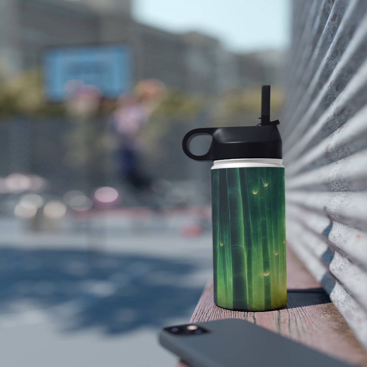 Stainless Steel Water Bottle, Standard Lid - psychedelic bamboo grove, causeway, fireflies, fantasy, intricate detail, illusion, mist, beautiful, hyper-realistic, breathtaking, ghostly figure, majestic, magic colour palette, low angle, unreal engine