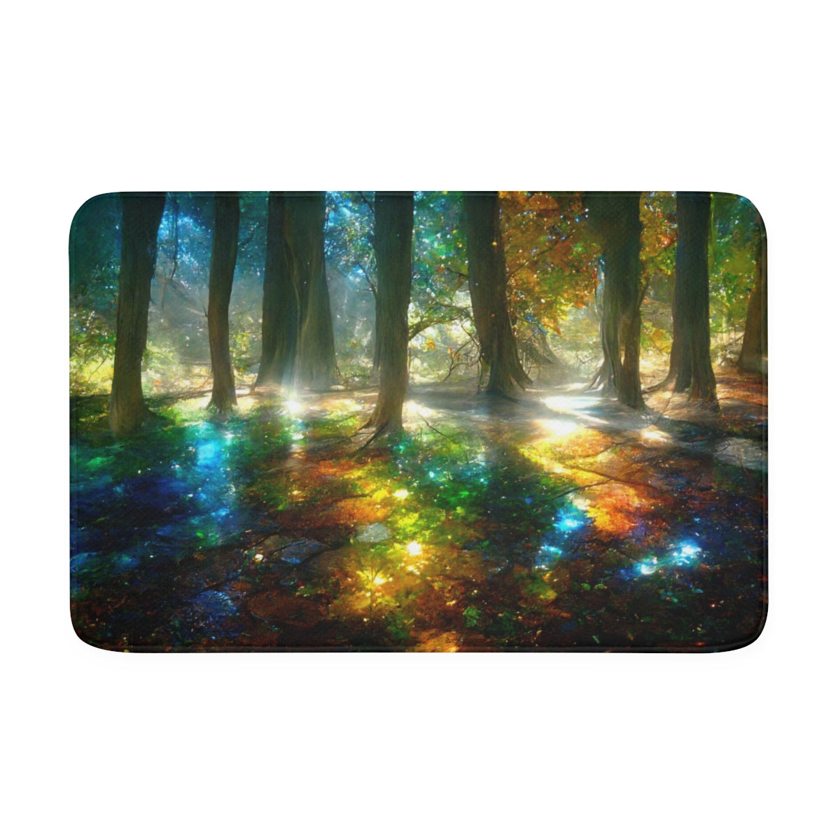 Memory Foam Bath Mat - a picture of trees that have mirrors, crystals, and gemstones as leaves, sunlight is dispersed through crystal leaves creating rainbows