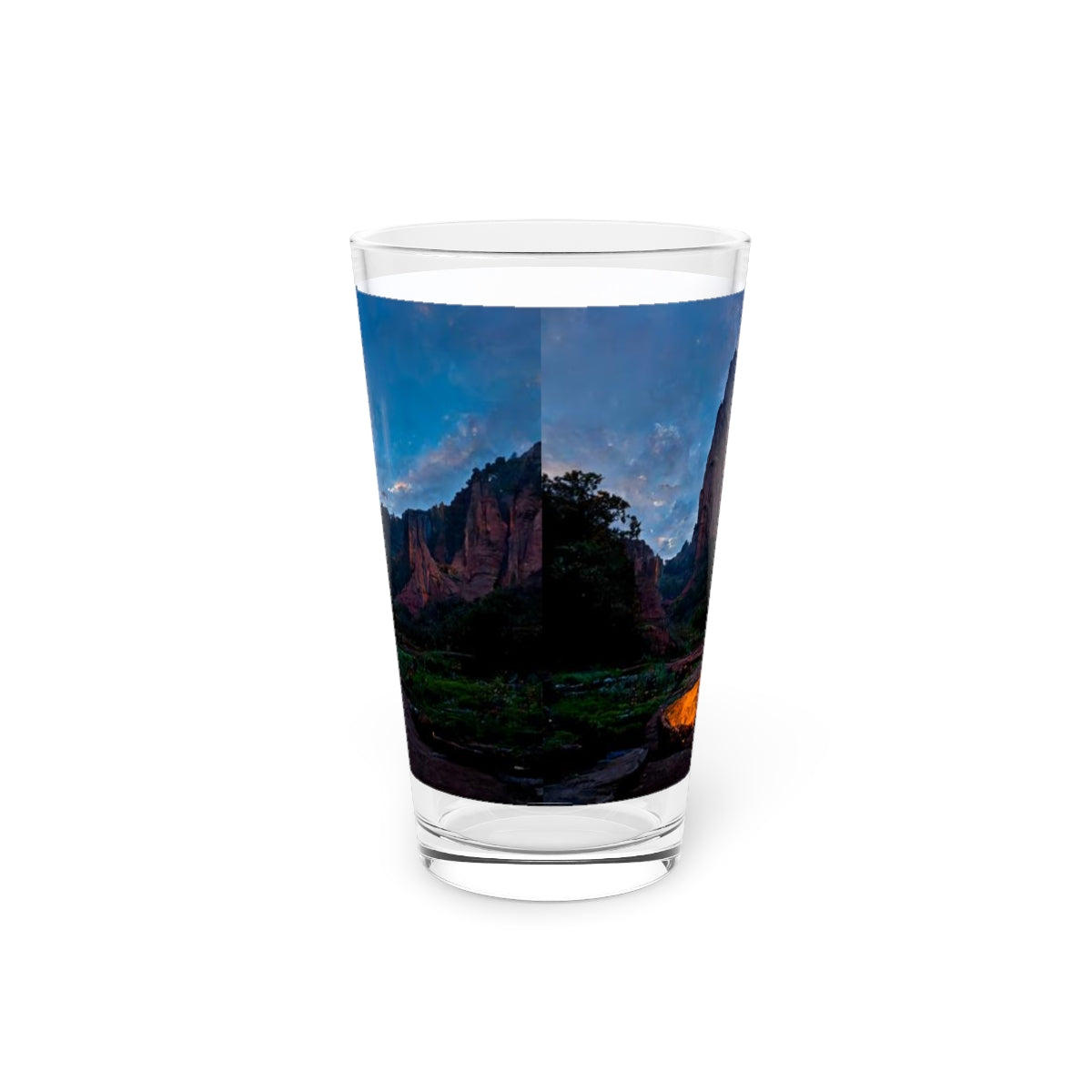 Pint Glass, 16oz - wide angle photo of a magical portal in zion national park at sunset, realistic, cinematic, quite awe-inspiring