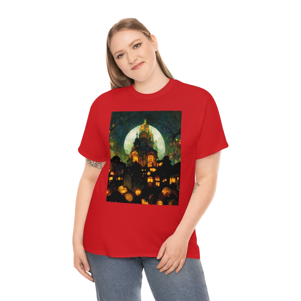 street-level_view_of_halloween_town_at_night_by_alphonse_mucha - Unisex Heavy Cotton Tee