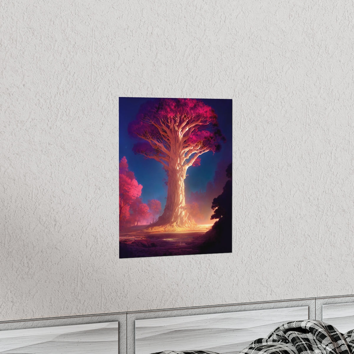 Premium Matte vertical posters - gate to a psychedelic realm, giant tree, light, highly detailed, immersive, volumetric light, detailed concept art