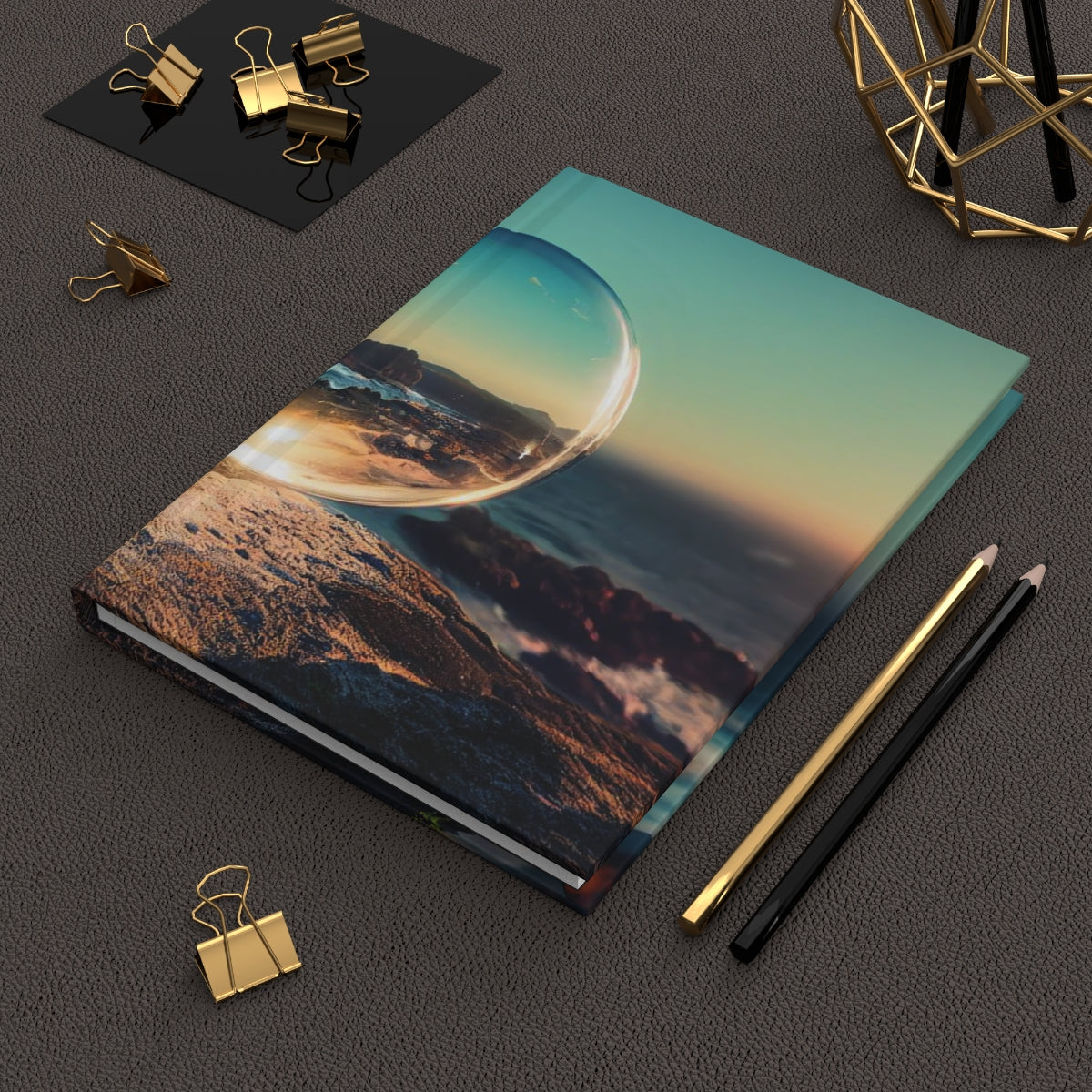 clear spherical bubble houses, set perfectly on top of a rocky shore, beautiful ocean coast - Hardcover Journal Matte