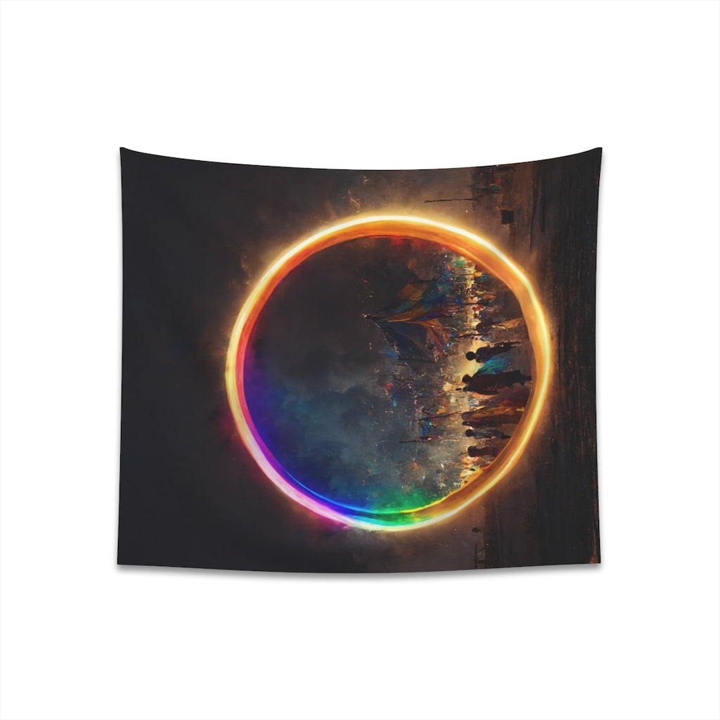 a bright rainbow circle of magic at burning man, cinematic - Printed Wall Tapestry