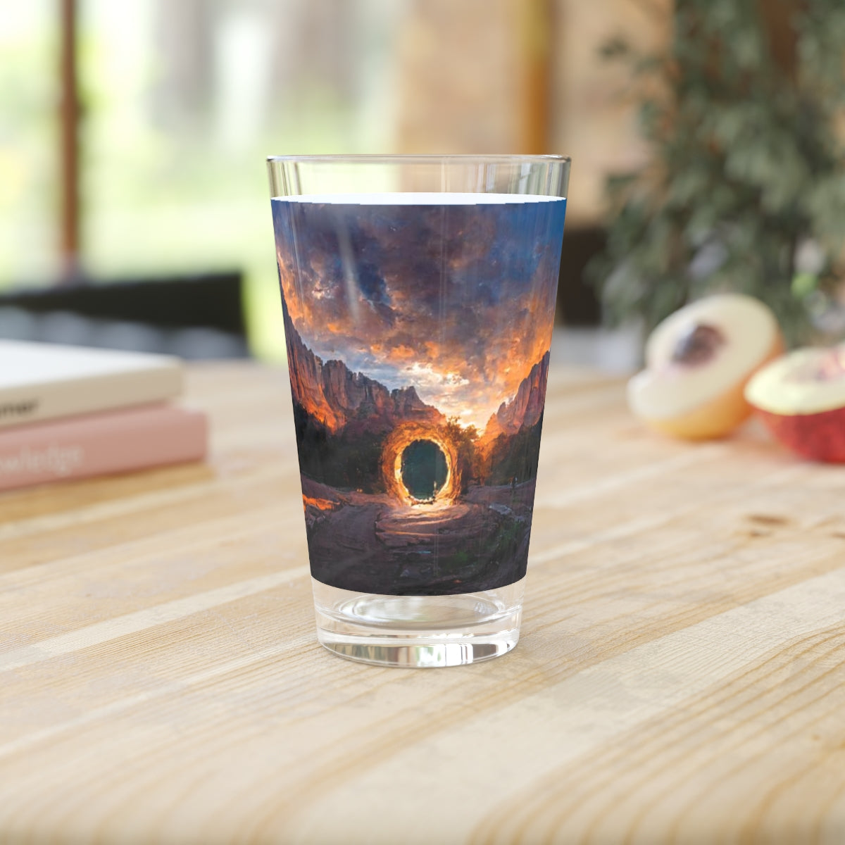 Pint Glass, 16oz - wide angle photo of a magical portal in zion national park at sunset, realistic, cinematic, quite awe-inspiring