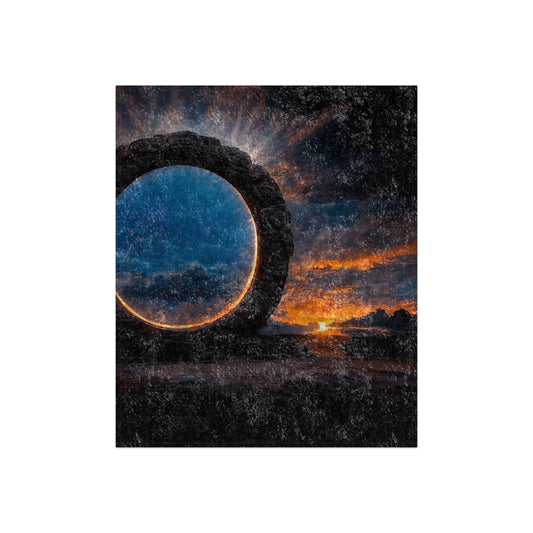 sunset, stargate made of stone that form a circle, cinematic view, epic blue sky, mysterious, clouds, sun, environment - Crushed Velvet Blanket