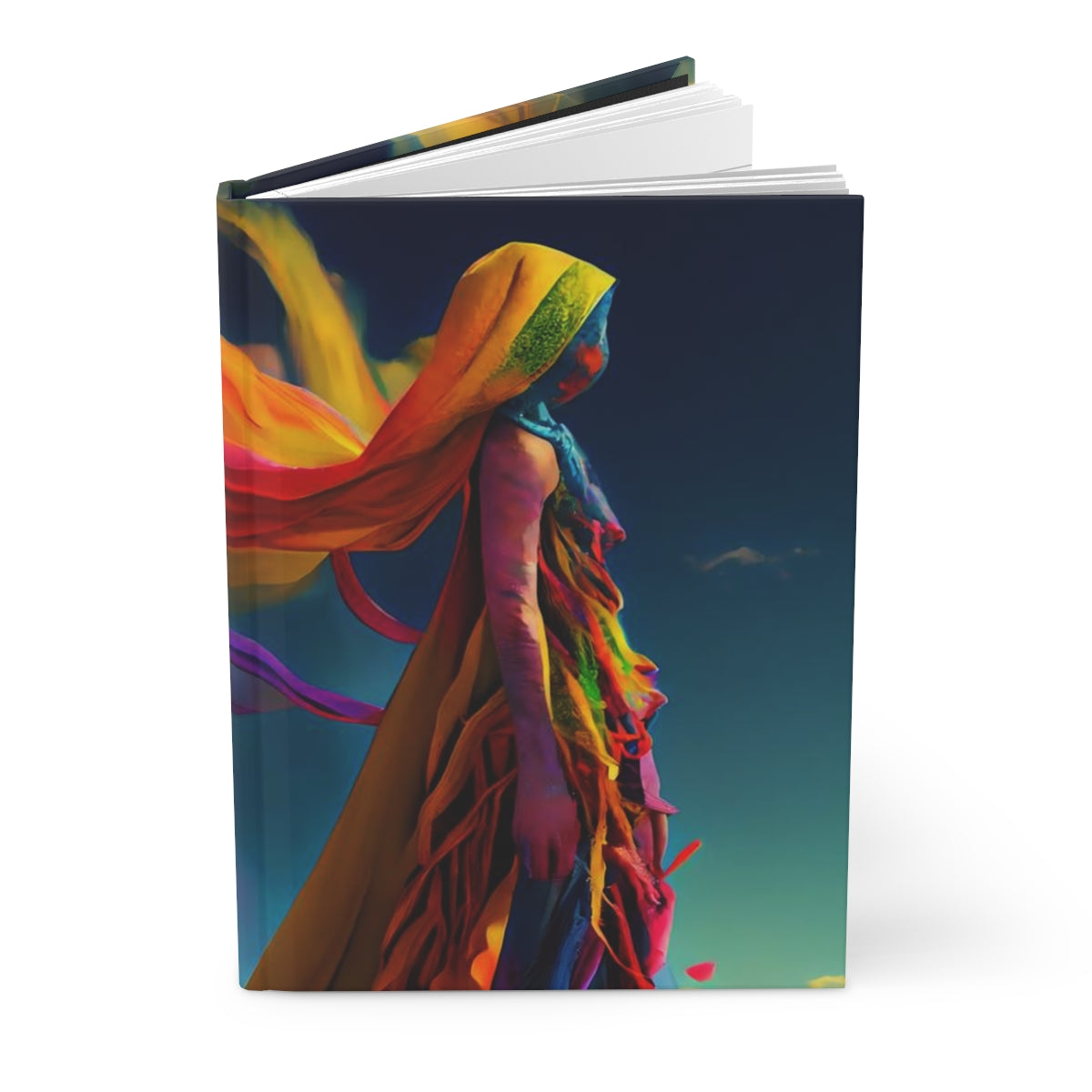 woman noble feminine, full body, made of colorful holi colored, fabric ribbons, in a storm,in the desert,burning man - Hardcover Journal Matte