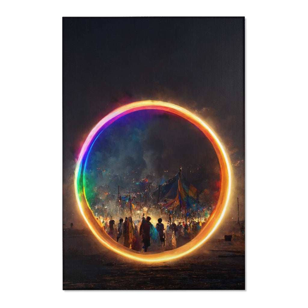 a bright rainbow circle of magic at burning man, cinematic - Area Rugs