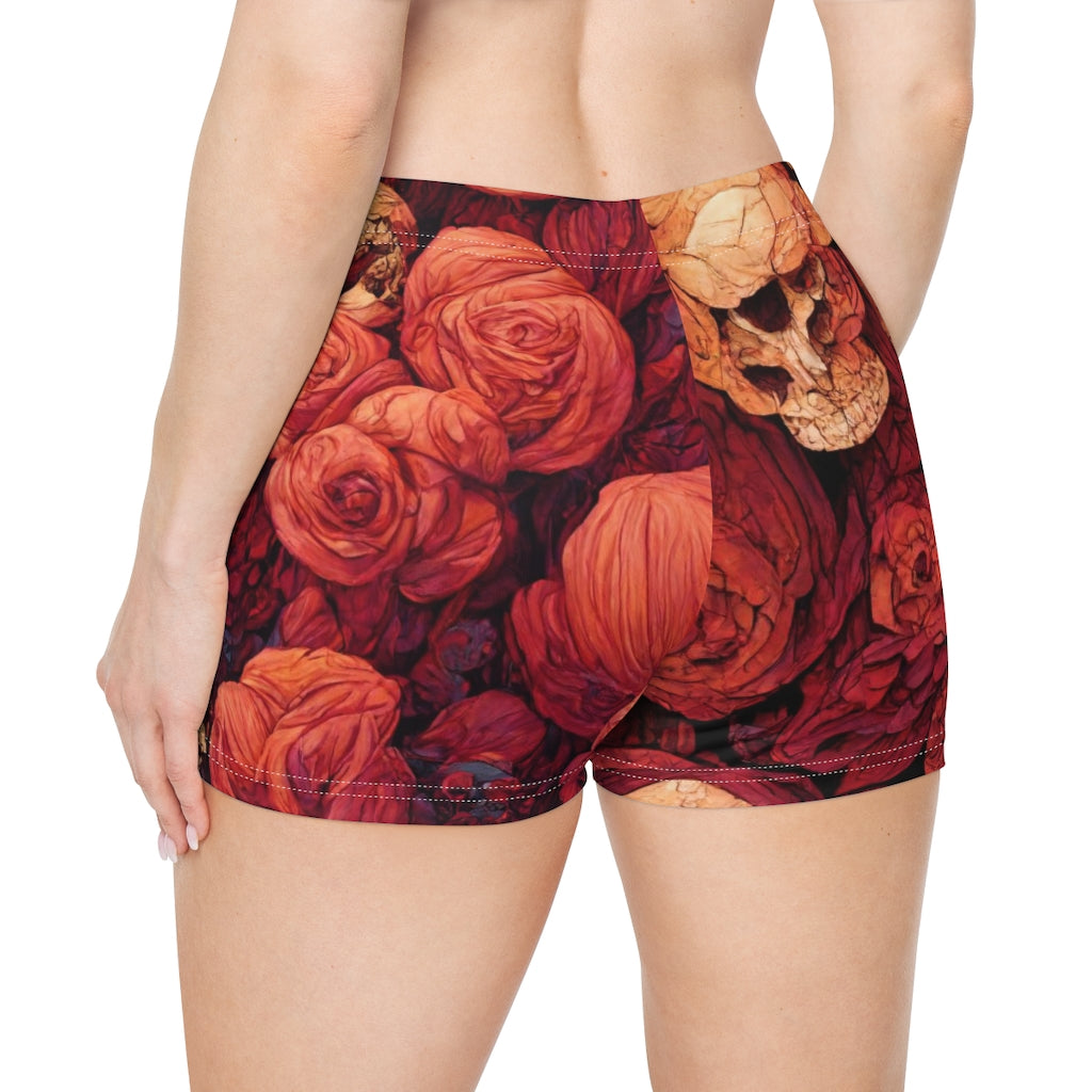 tiling pattern on wood panel of large skulls and vivid roses, gouache illustration - Women's Shorts (AOP)