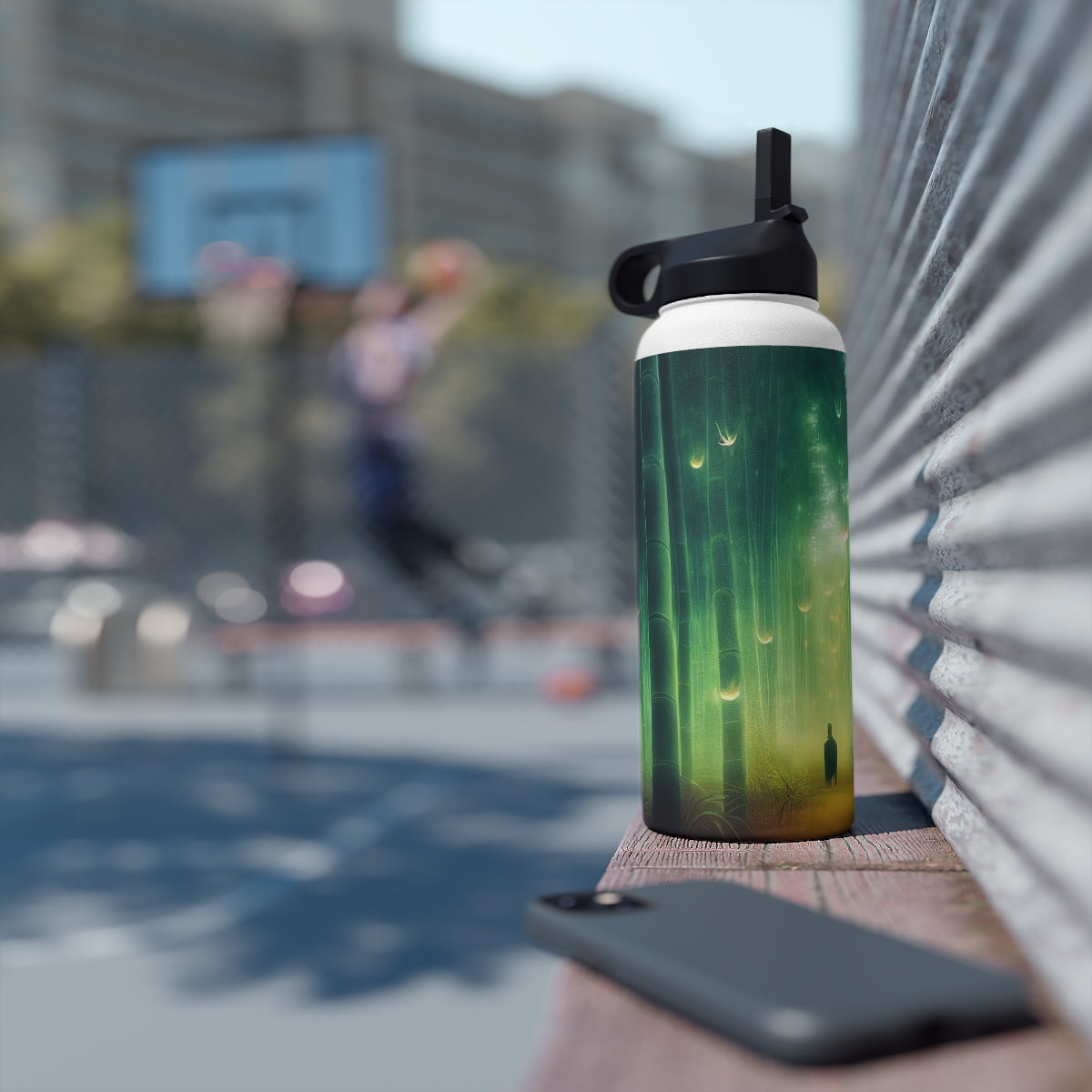 Stainless Steel Water Bottle, Standard Lid - psychedelic bamboo grove, causeway, fireflies, fantasy, intricate detail, illusion, mist, beautiful, hyper-realistic, breathtaking, ghostly figure, majestic, magic colour palette, low angle, unreal engine