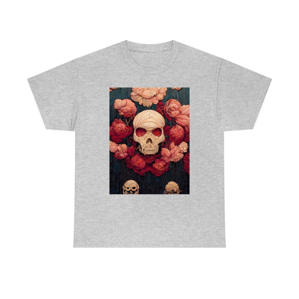 tiling pattern on wood panel of small skulls and vivid roses, gouache illustration - Unisex Heavy Cotton Tee