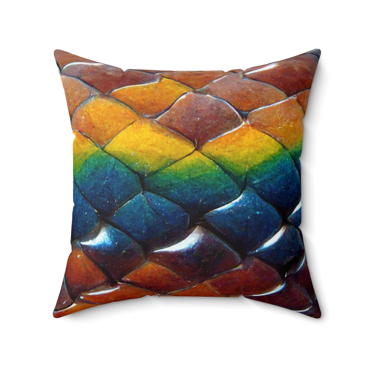 Spun Polyester Square Pillow - a tiling pattern of rainbow snake scales diamond shape