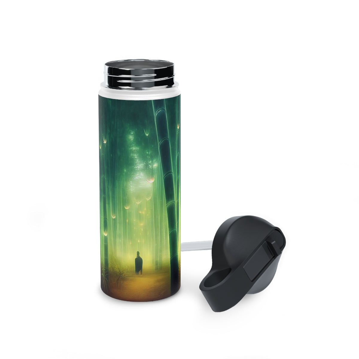 Stainless Steel Water Bottle, Standard Lid - psychedelic bamboo grove, causeway, fireflies, fantasy, intricate detail, illusion, mist, beautiful, hyper-realistic, breathtaking, ghostly figure, majestic, magic colour palette, low angle, unreal engine