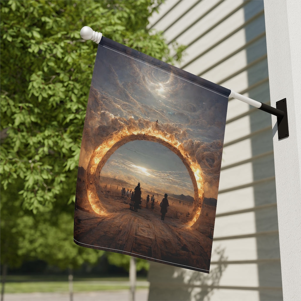 stargate that forms a circle leads to the burning man festival - Garden & House Banner