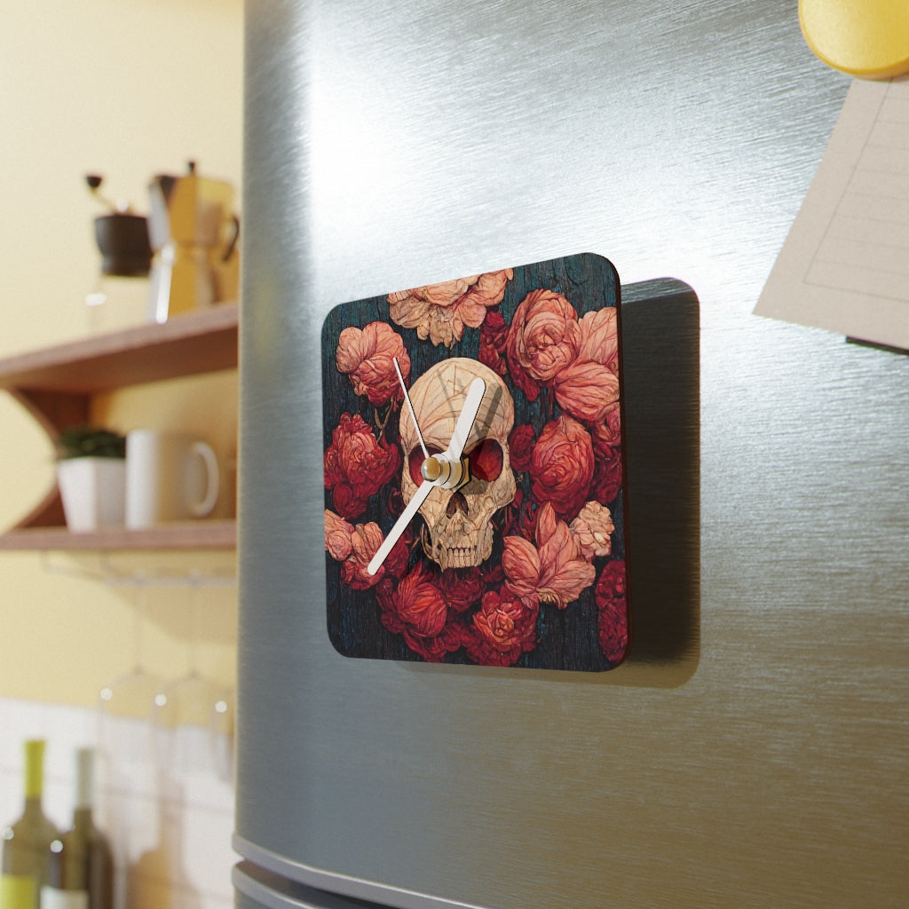 tiling pattern on wood panel of small skulls and vivid roses, gouache illustration