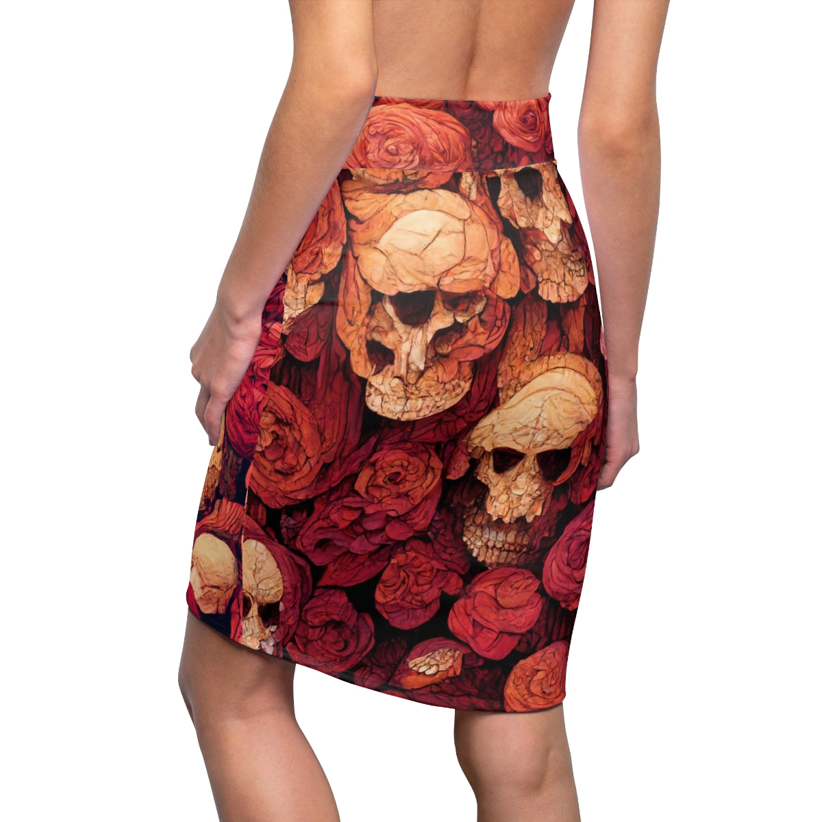 tiling pattern on wood panel of large skulls and vivid roses, gouache illustration - Women's Pencil Skirt