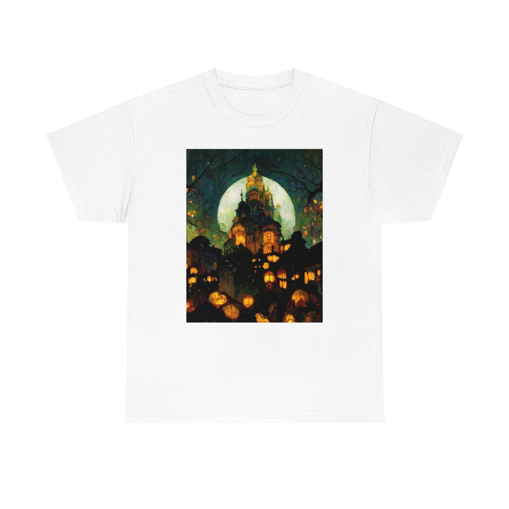 street-level_view_of_halloween_town_at_night_by_alphonse_mucha - Unisex Heavy Cotton Tee