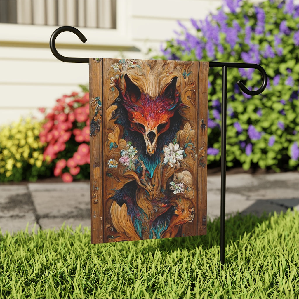 intricate colourfully painted carved wood paneling, fox and ravens, flowerpunk mythology, many hues, artstation - Garden & House Banner